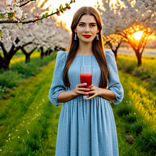 **

"A woman in a modest, flowing dress, standing in a blooming cherry orchard at sunset, holding a glass of tart cherry juice, fully clothed, appropriate attire, safe for work, perfect anatomy, natural proportions, professional photography, high quality, family-friendly"

**