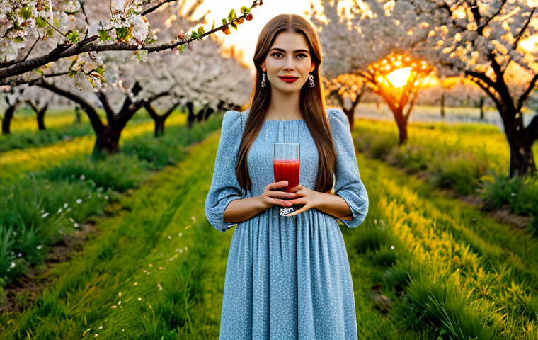 **
"A woman in a modest, flowing dress, standing in a blooming cherry orchard at sunset, holding a glass of tart cherry juice, fully clothed, appropriate attire, safe for work, perfect anatomy, natural proportions, professional photography, high quality, family-friendly"
**