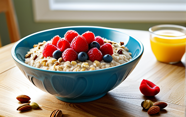 **
"A family-friendly image of a bowl of oatmeal topped with fresh fruit and nuts, sitting on a wooden table in a bright, sunlit kitchen. The scene emphasizes healthy eating and a vibrant start to the day. fully clothed, safe for work, appropriate content, perfect anatomy, natural proportions, high quality, professional food photography, modest, family-friendly"
**